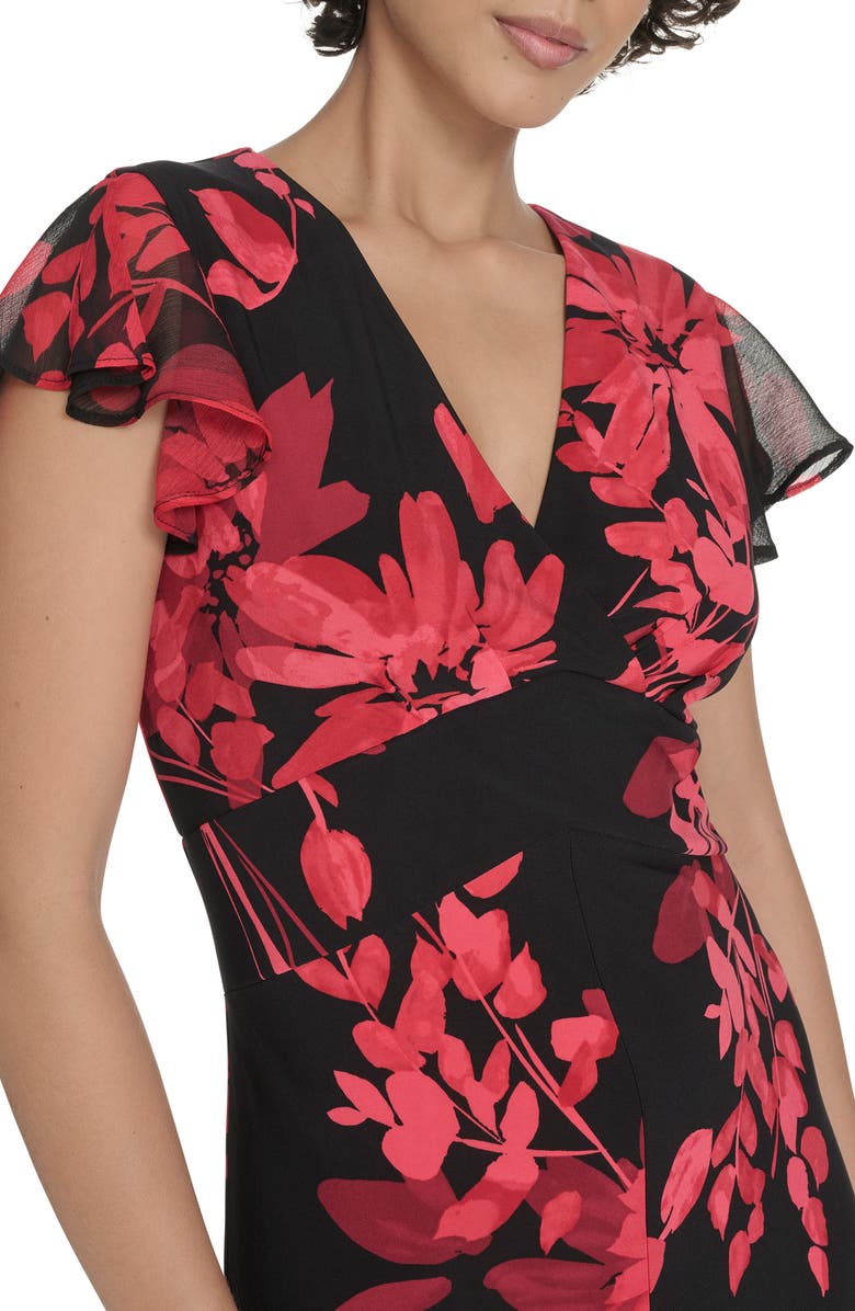 Tommy Hilfiger Chiffon Flutter Sleeve Midi Dress, Alternate, color, Deep Scarlet Multi