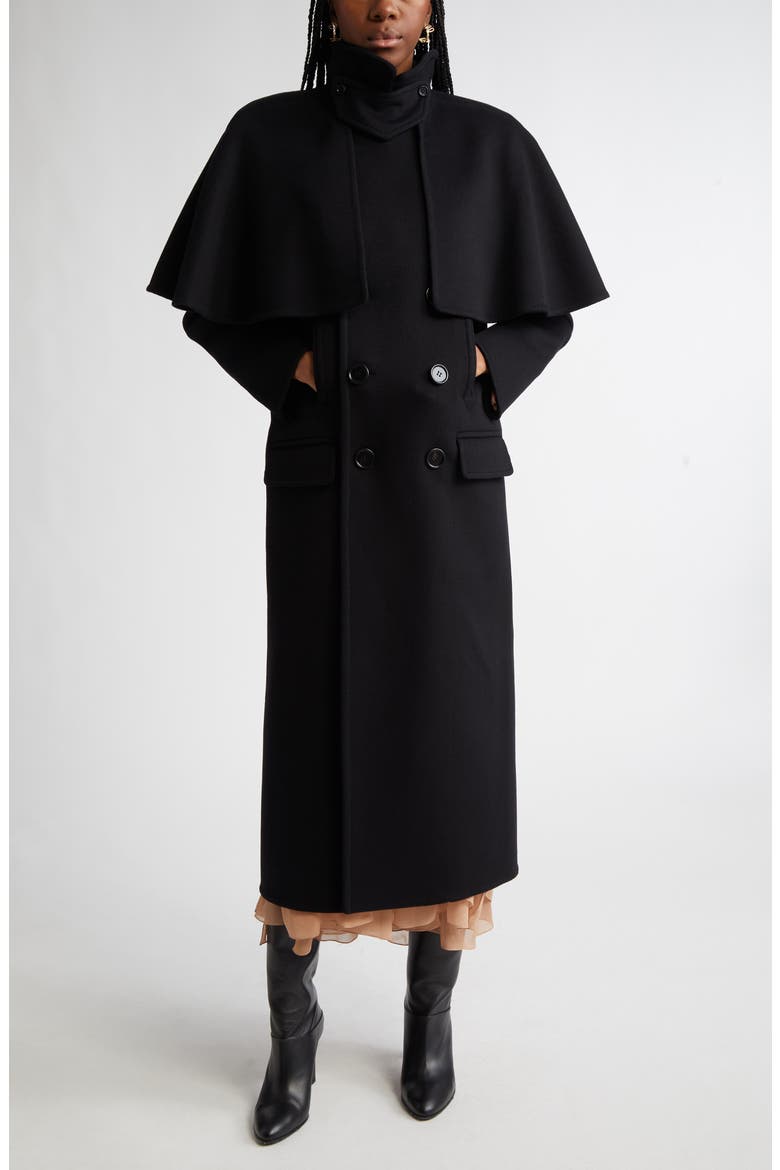 Double Breasted Wool Coat with Removable Cape, Main, color, BLACK