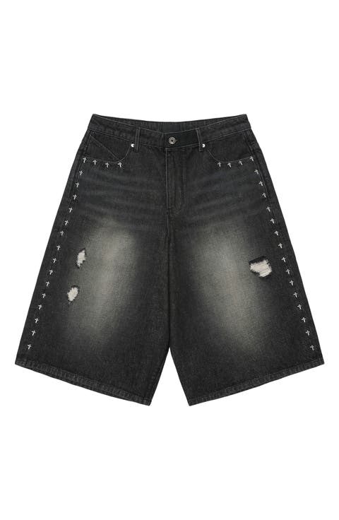 Gustavo Oversize Denim Bermuda Shorts (Fray Noir Side Cross)