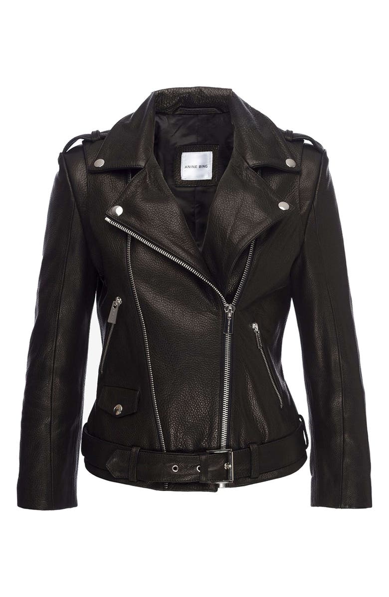 ANINE BING Cropped Leather Moto Jacket, Alternate, color, 