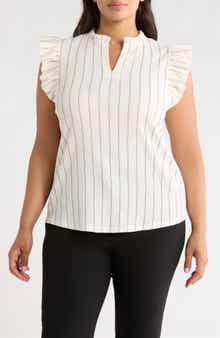 Striped Ruffle Neck Flutter Sleeve Top