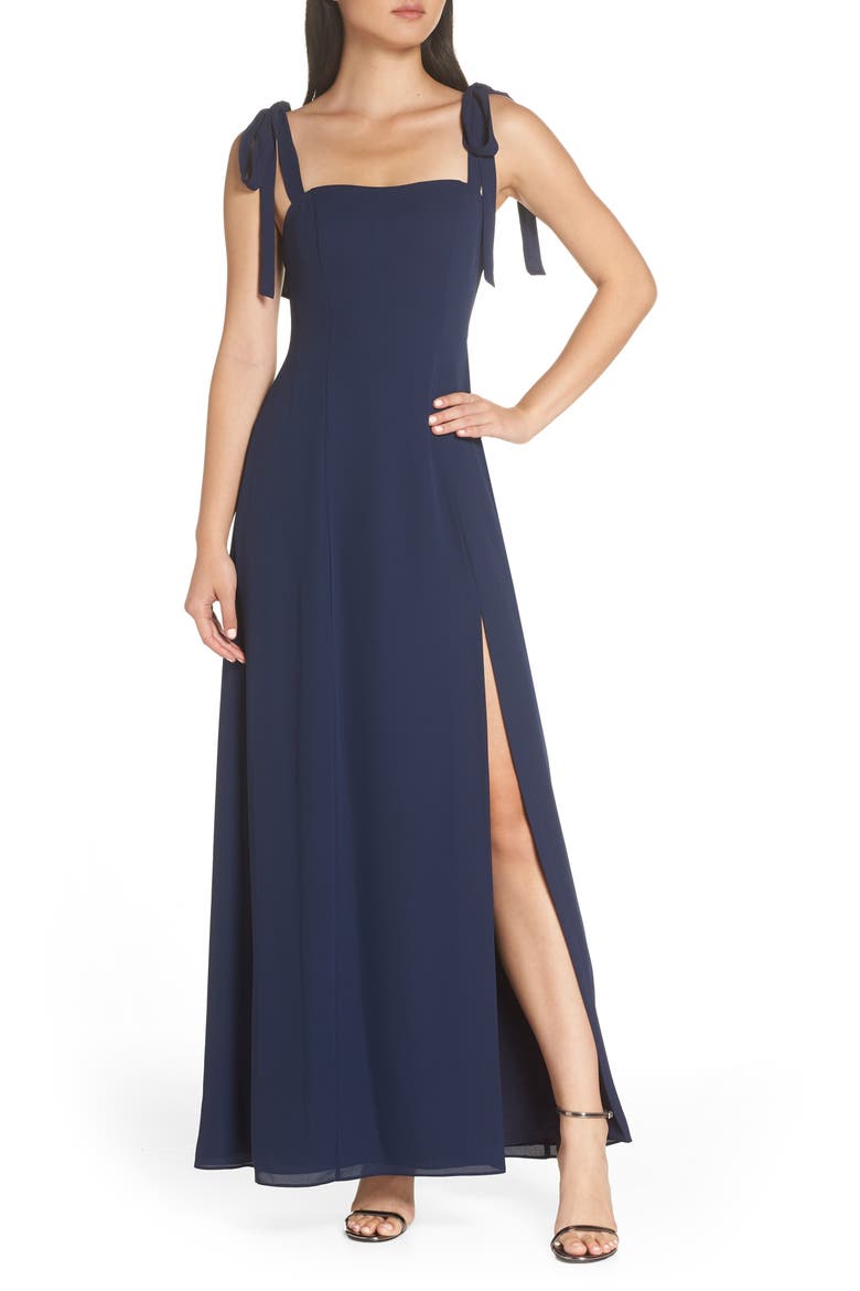 Tie Shoulder A-Line Gown, Main, color, NAVY