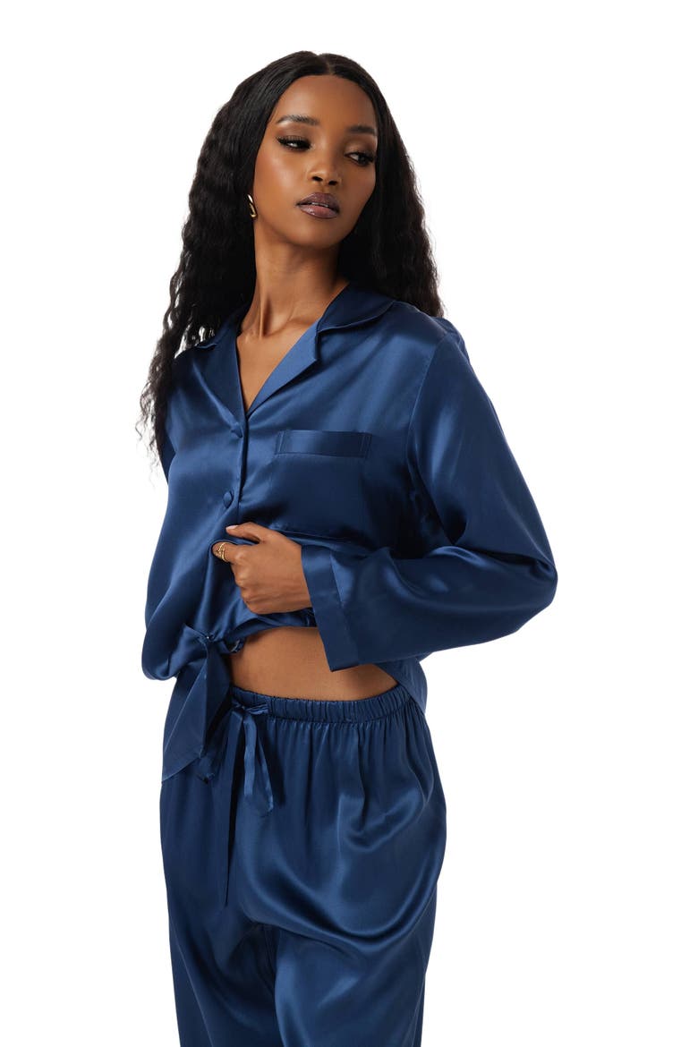 Silk Button Up Collared Women's Pajama Set, Alternate, color, Dark Blue