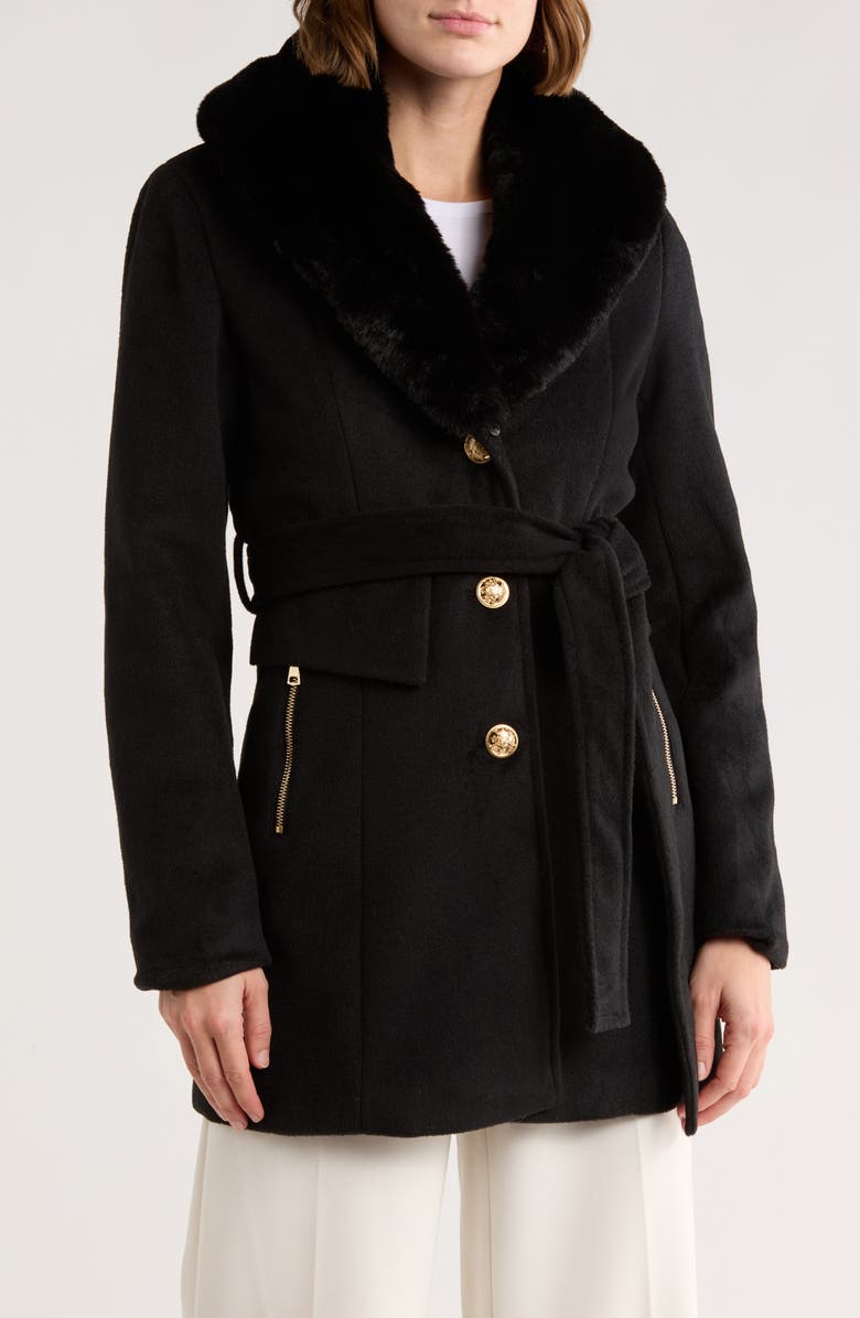 La Fiorentina Belted Faux Fur Collar Coat, Main, color, Black