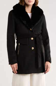 La Fiorentina Belted Faux Fur Collar Coat