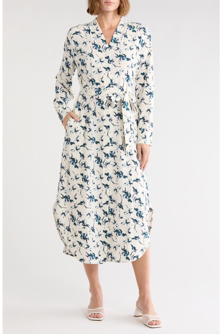Long Sleeve Shirtdress, Main, color, IVORY- TEAL FLEUR ABSTRACT