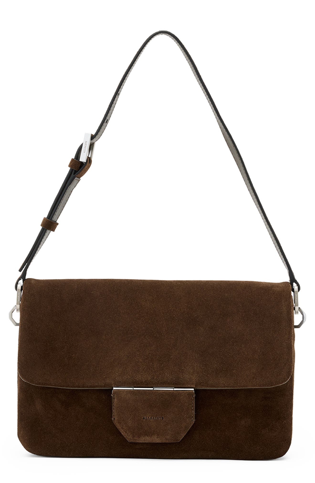 AllSaints Ondine Suede Shoulder Bag, Main, color, Fango Brown