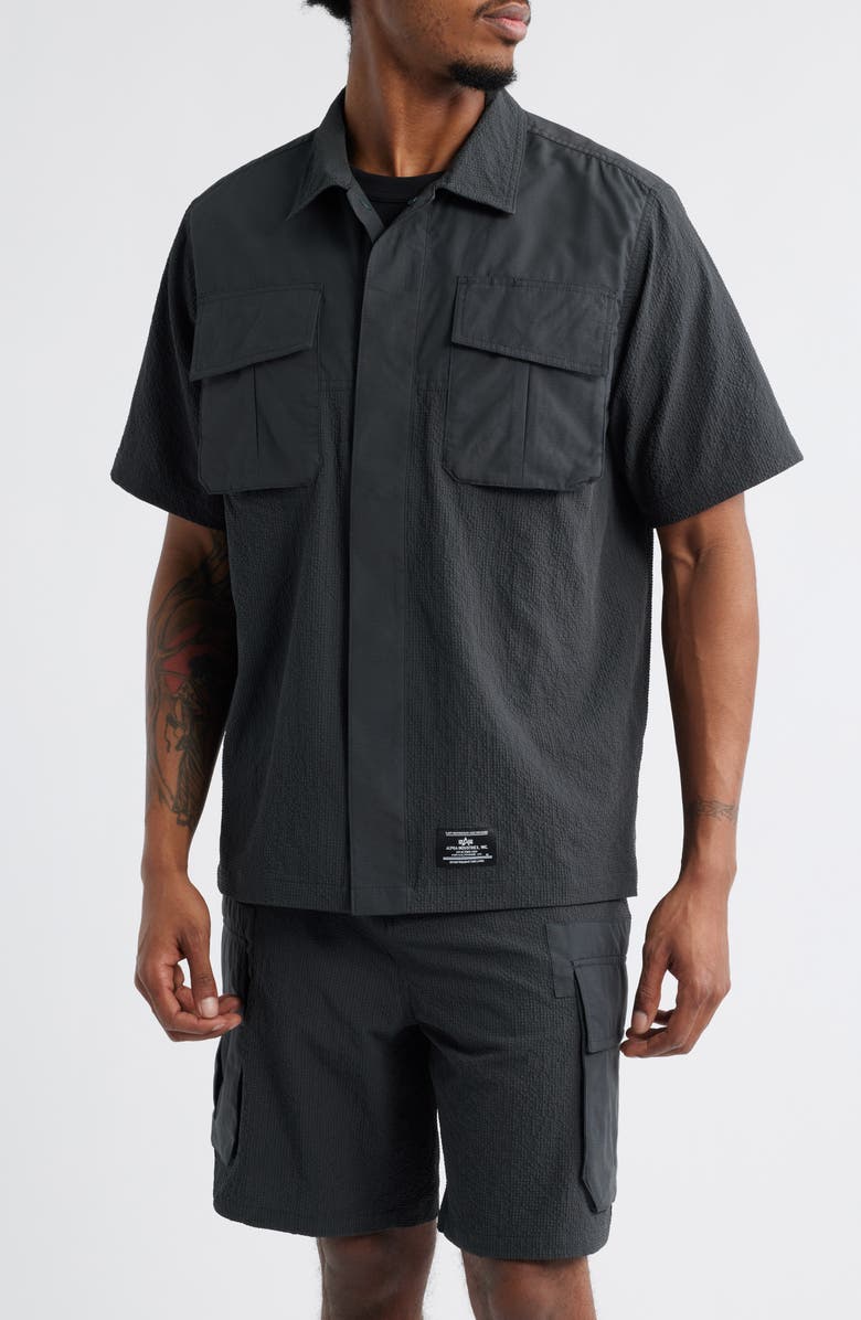 Alpha Industries Seersucker Short Sleeve Button-Up Shirt, Alternate, color, Charcoal