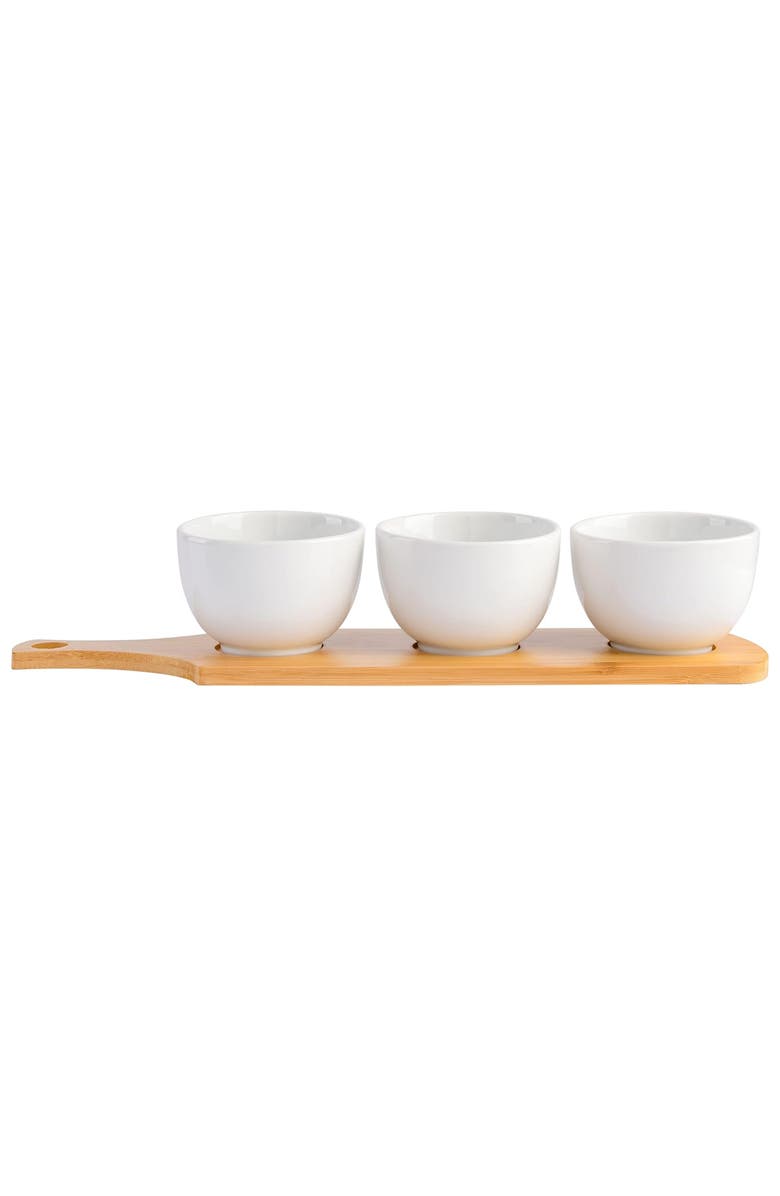 Gibson Gracious Dining 3 Piece White Fine Ceramic Tidbit Bowl Set with Wood Serving Tray, Alternate, color, White