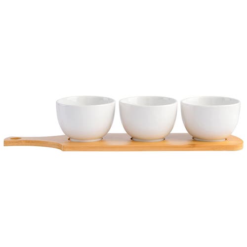 Gibson Gracious Dining 3 Piece White Fine Ceramic Tidbit Bowl Set With Wood Serving Tray In White