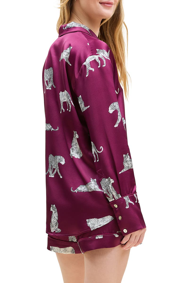 Petite Plume Panthre de Nuit Piped Silk Satin Short Pajamas, Alternate, color, Red