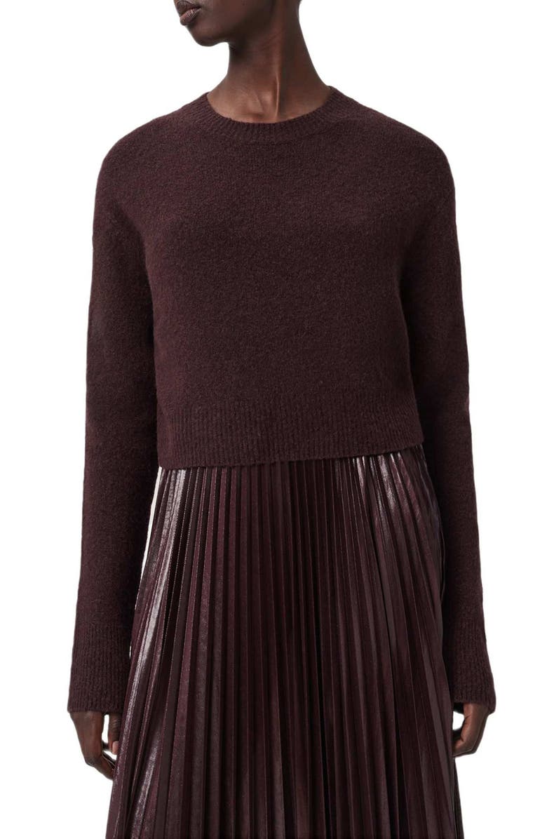 AllSaints Spark Pleated Maxi Dress & Merino Wool Blend Sweater Set, Alternate, color, Oxblood Red