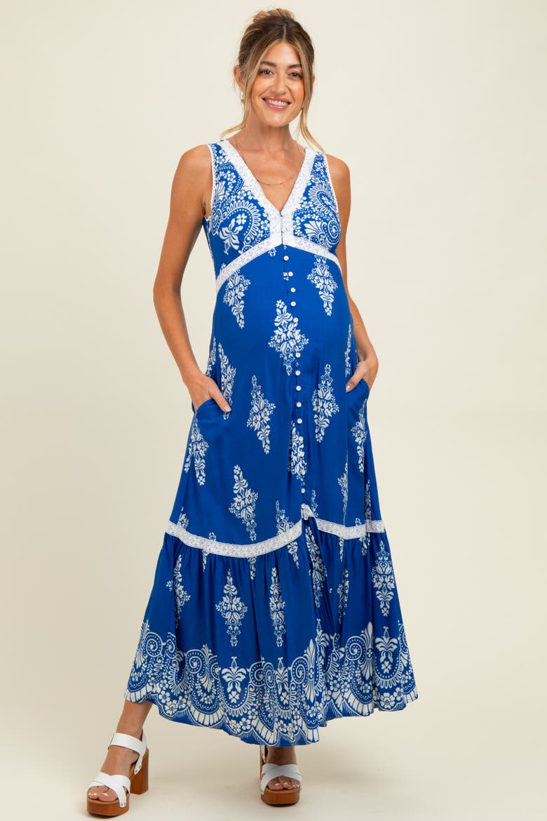 Border Print Resort Maxi Dress, Main, color, Royal Blue