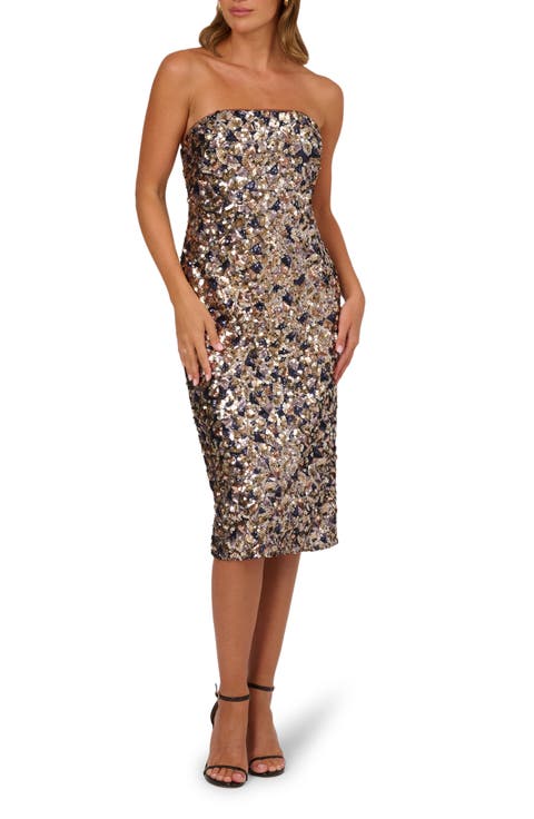 Mixed Sequin Strapless Cocktail Midi Dress