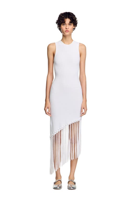 Sandro Heloise Asymmetric Fringe-trim Midi Dress In White