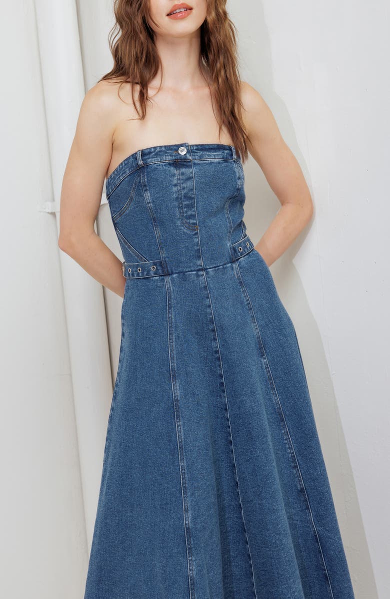 FREEMARKET Strapless Denim Maxi Dress, Alternate, color, Indigo Denim