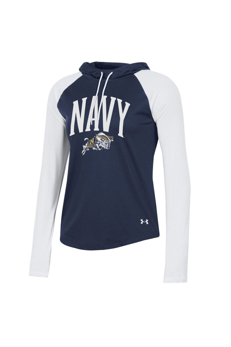 Women's Under Armour Navy Navy Midshipmen Gameday Mesh Performance Raglan Hooded Long Sleeve T-Shirt, Alternate, color, Navy