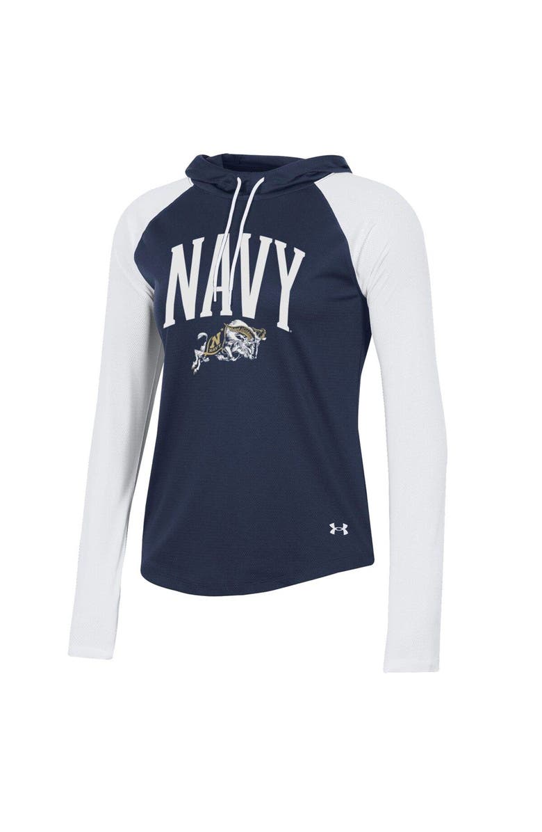 Under Armour Women's Under Armour Navy Navy Midshipmen Gameday Mesh Performance Raglan Hooded Long Sleeve T-Shirt, Alternate, color, 