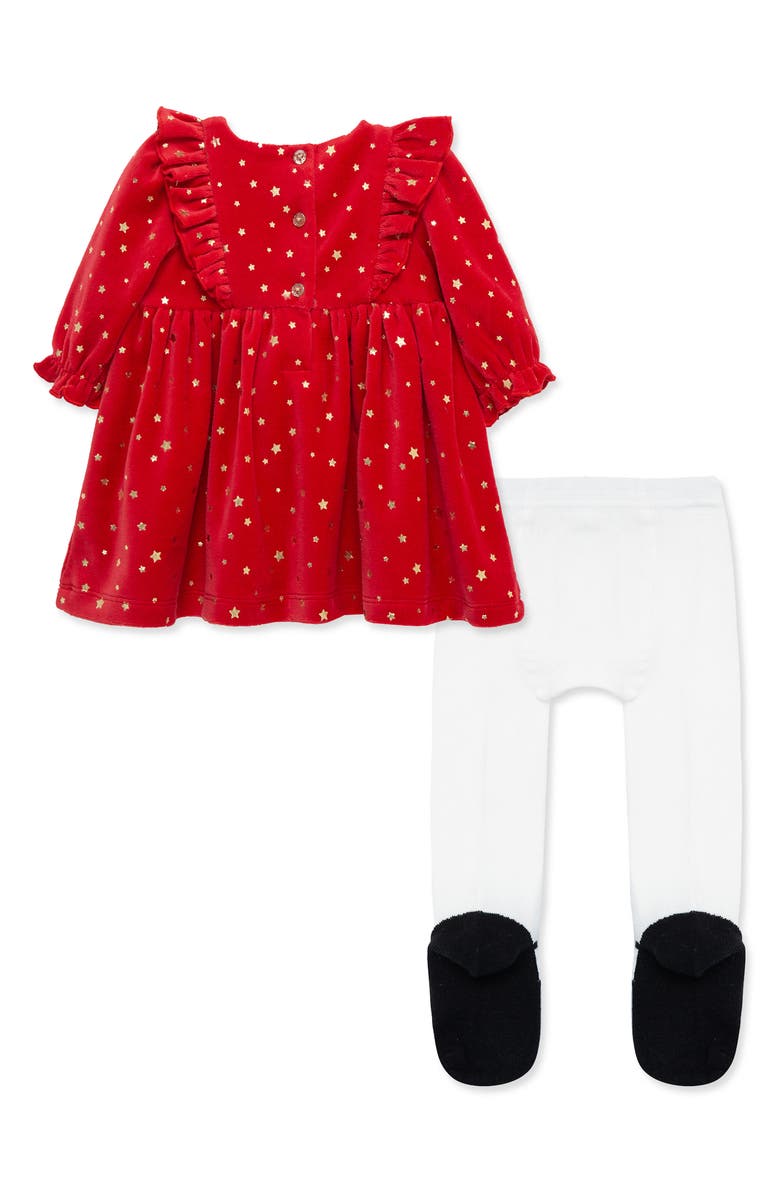 Little Me Foil Stars Long Sleeve Cotton Blend Dress & Tights Set, Alternate, color, Red