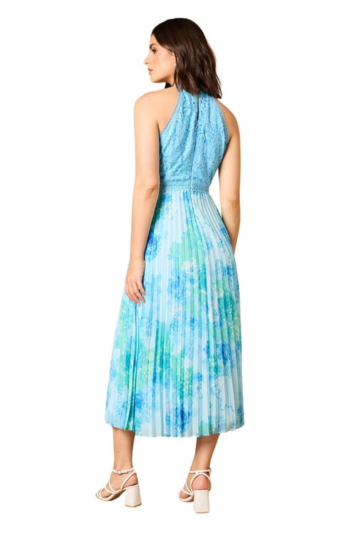 Oasis Printed Lace Mix Halterneck Midi Dress In Blue