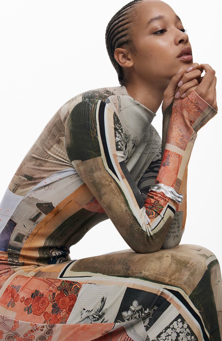 Desigual Mix Print Long Sleeve Midi Dress, Alternate, color, Beige