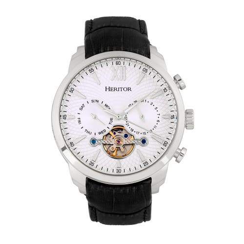 Heritor Automatic Arthur Semi-Skeleton Leather-Band Watch w/ Day/Date in Silver at Nordstrom