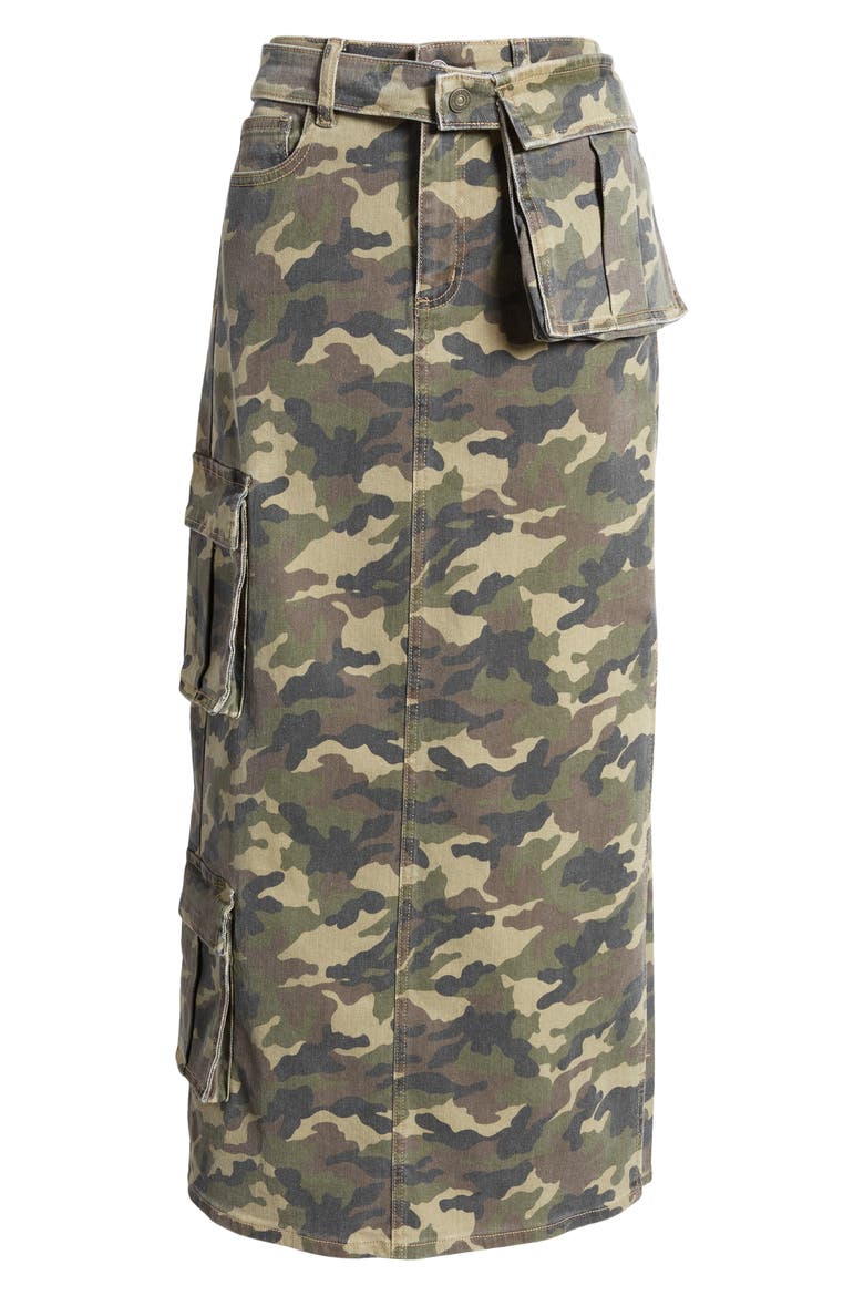 Camo Cargo Denim Maxi Skirt, Alternate, color, OLIVE