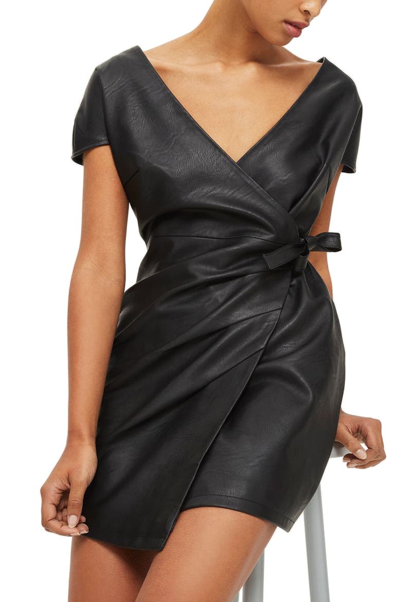 Faux Leather Wrap Dress, Alternate, color, BLACK