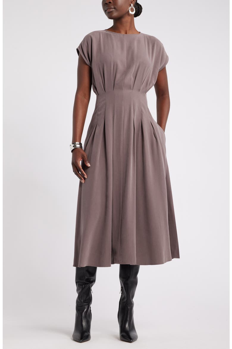Pleated A-Line Dress, Main, color, GREY PLUM