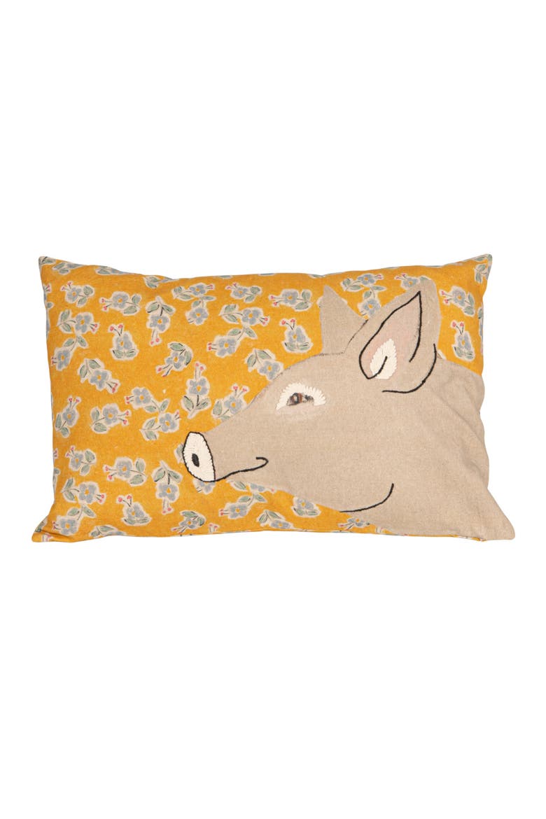 Cotton Blend Printed Pillow with Pig Image and Embroidery, Multicolor, Main, color, Yellow