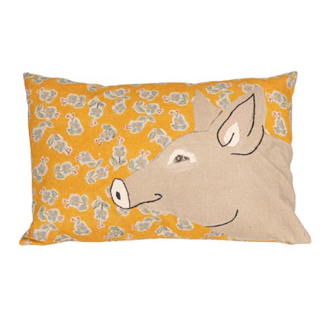 Cotton Blend Printed Pillow with Pig Image and Embroidery, Multicolor