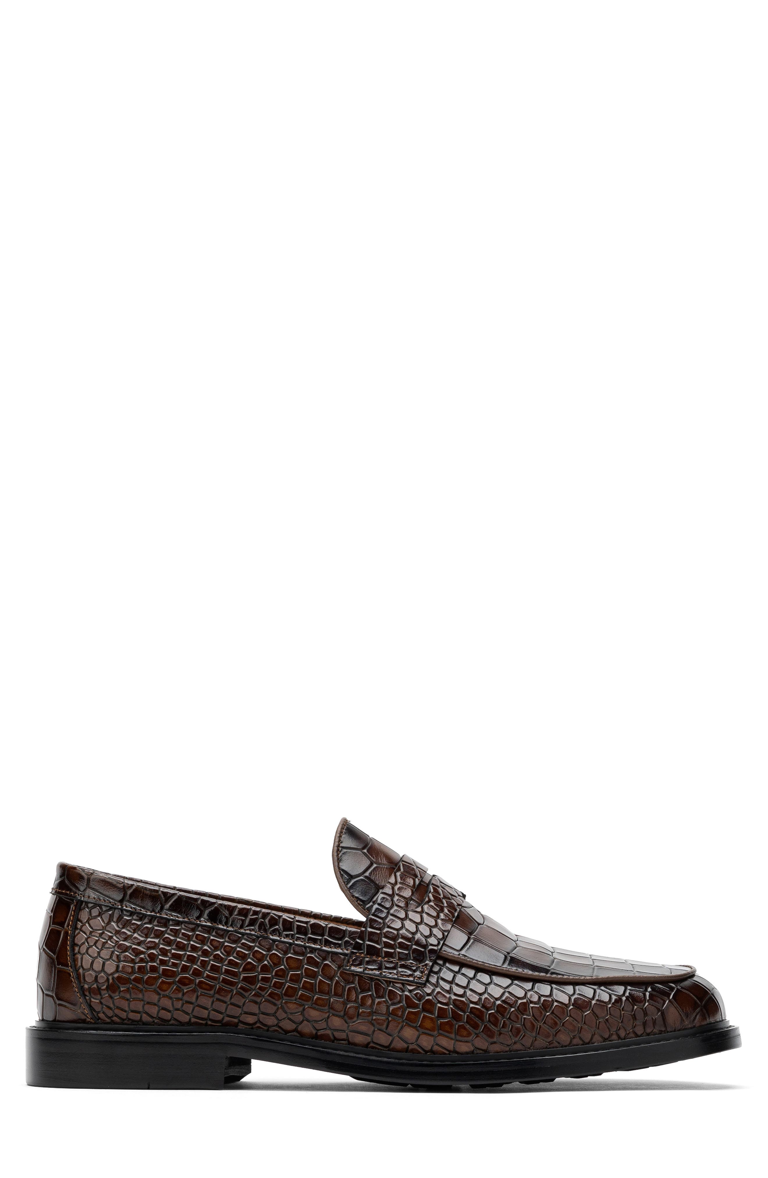 MARC NOLAN Calum Croc Embossed Penny Loafer, Alternate, color, Brown Croc Embossed