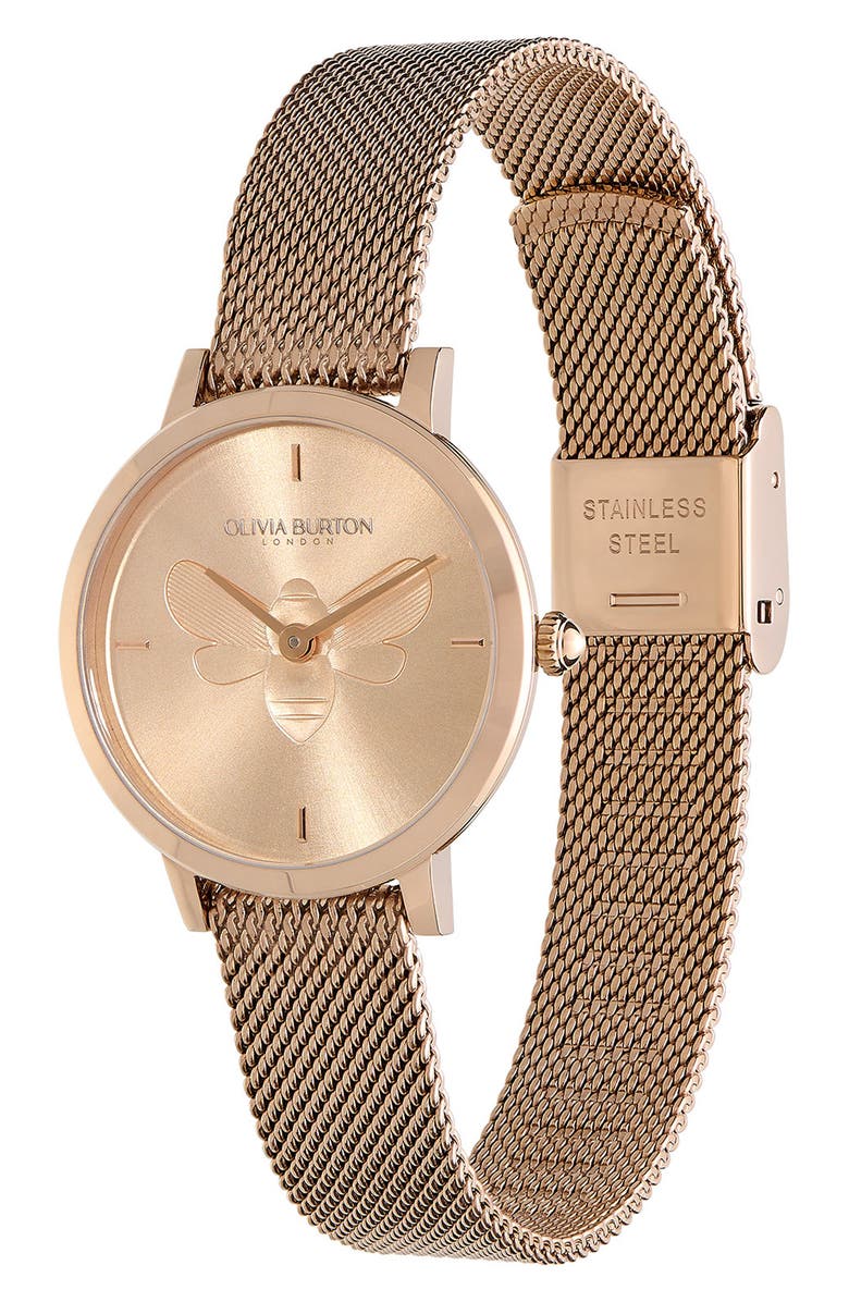 Olivia Burton Signature Bees Mesh Strap Watch, 28mm, Alternate, color, Gold