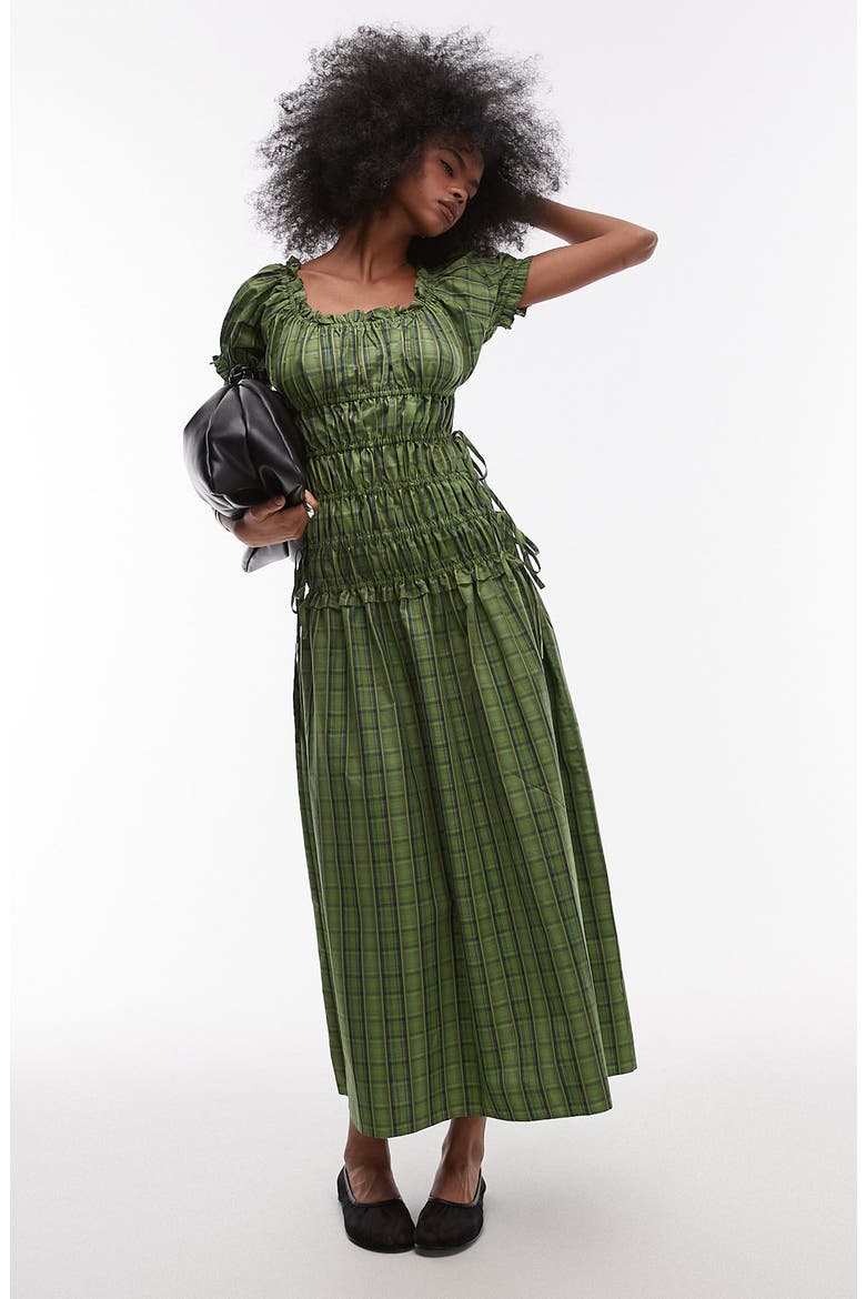 Plaid Ruched Cotton Maxi Dress, Main, color, MID GREEN
