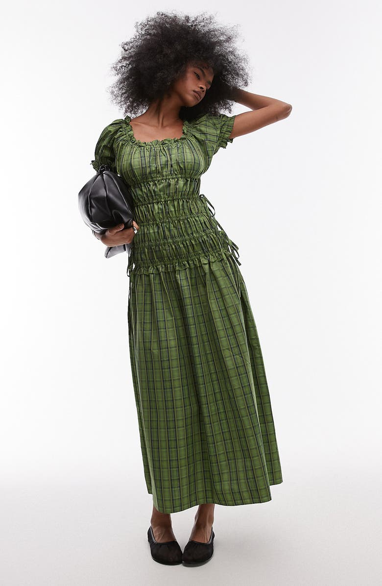 Topshop Plaid Ruched Cotton Maxi Dress, Main, color, Mid Green