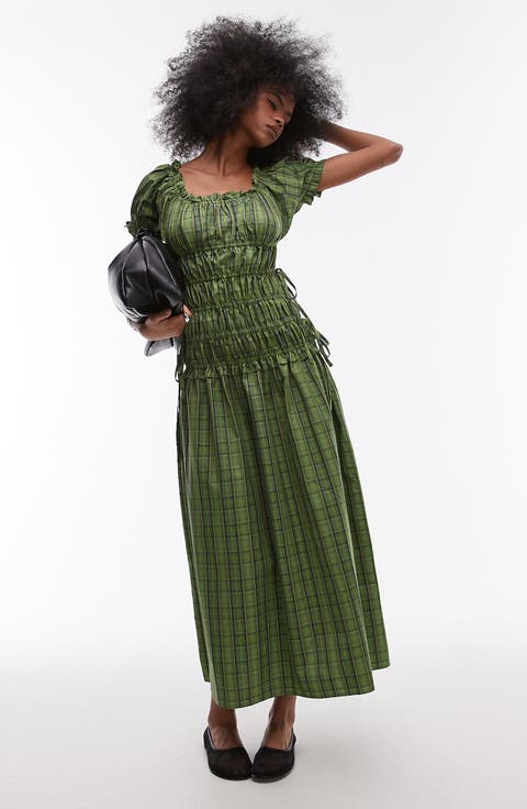 Plaid Ruched Cotton Maxi Dress