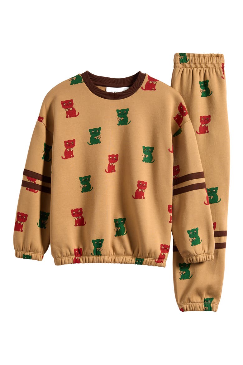 Kids' Kitten Print Sweatshirt & Joggers Set, Main, color, BEIGE
