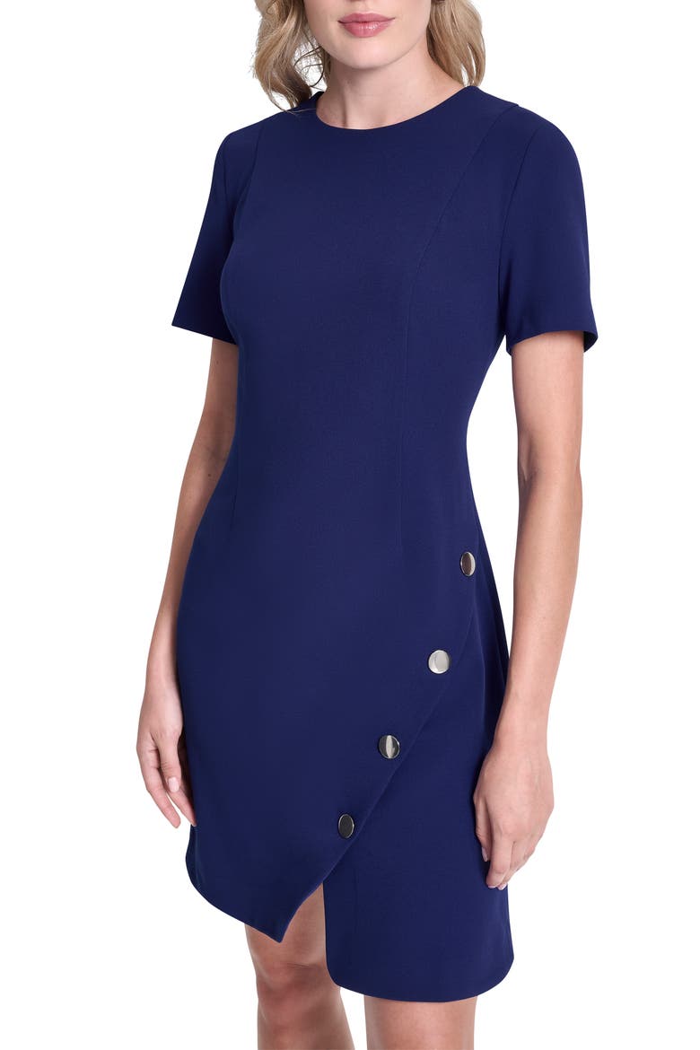 Button Trim Short Sleeve Shift Dress, Alternate, color, MARINE