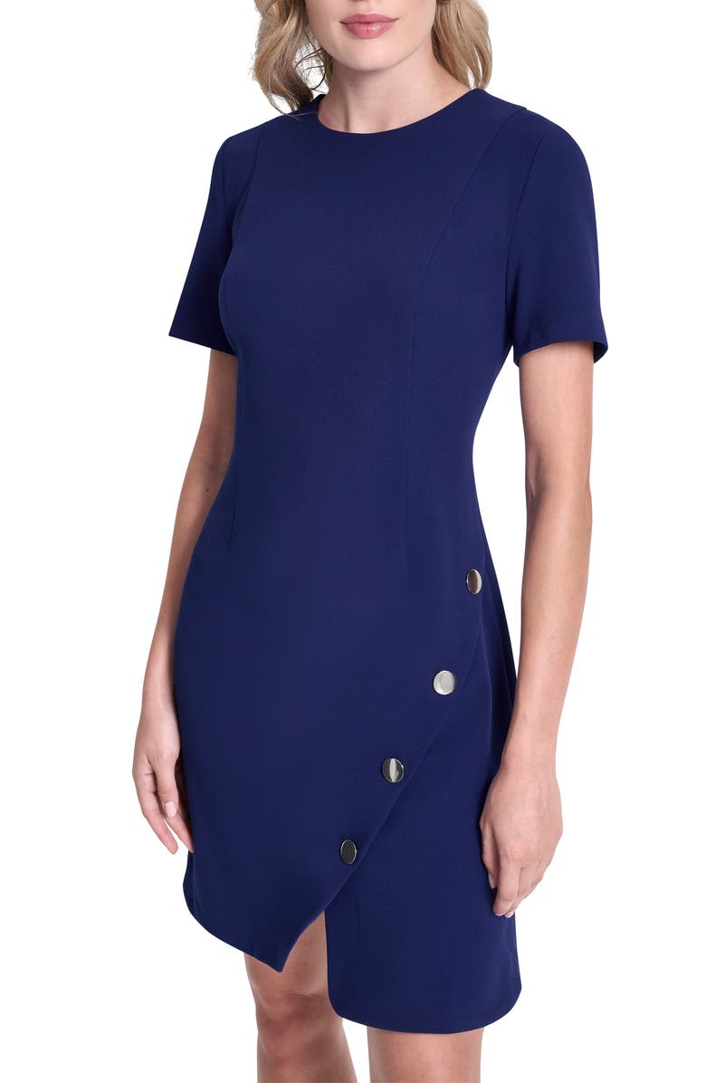 DKNY Button Trim Short Sleeve Shift Dress, Alternate, color, Marine