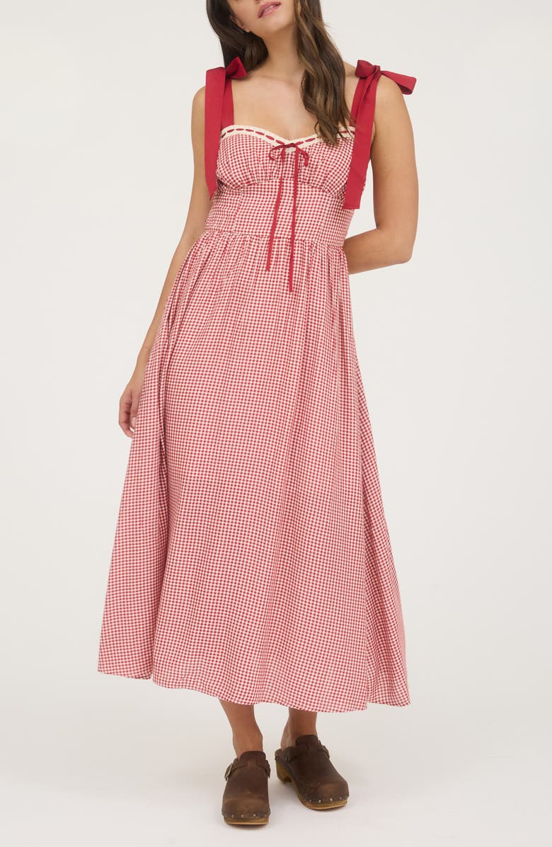 Blu Pepper Gingham Tie Strap Fit & Flare Sundress, Main, color, Red