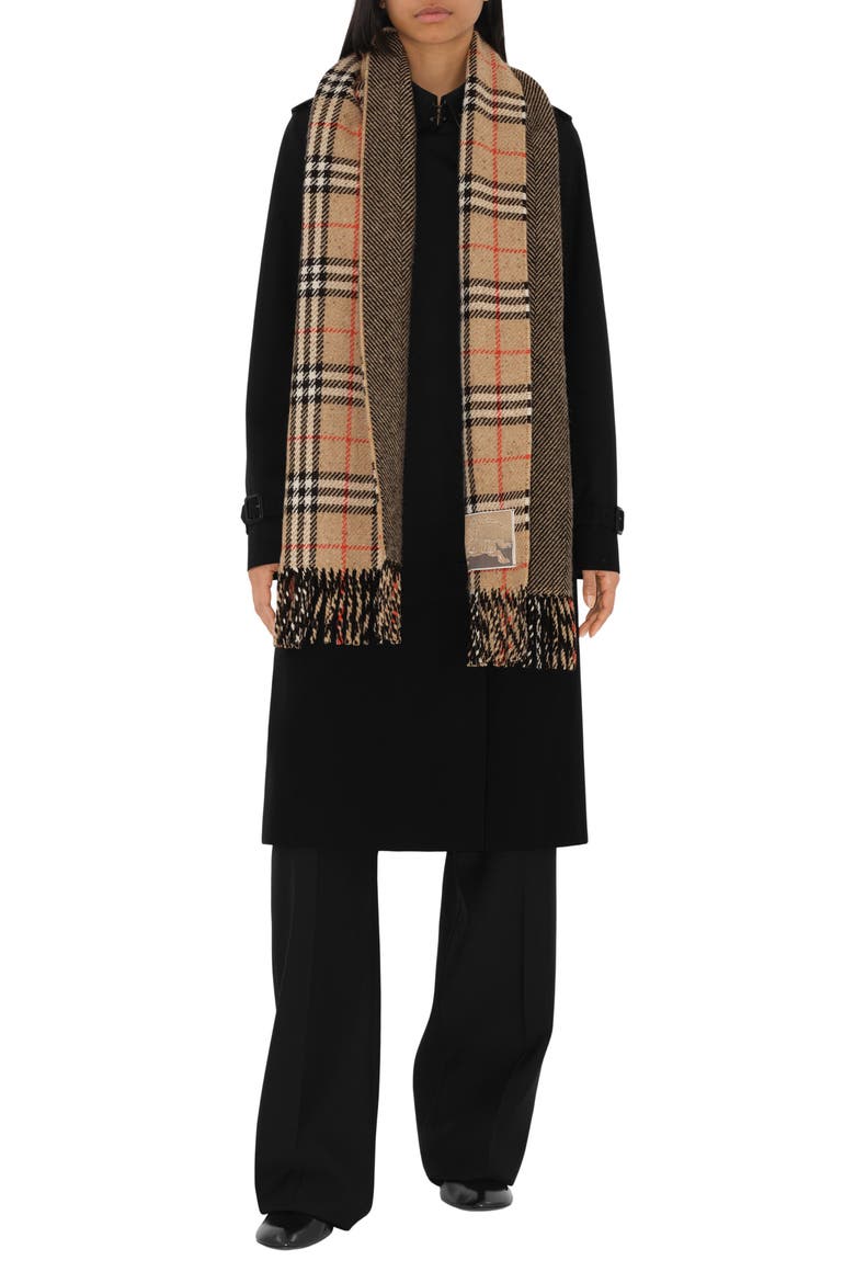Check & Herringbone Reversible Cashmere & Wool Fringe Scarf, Alternate, color, SAND