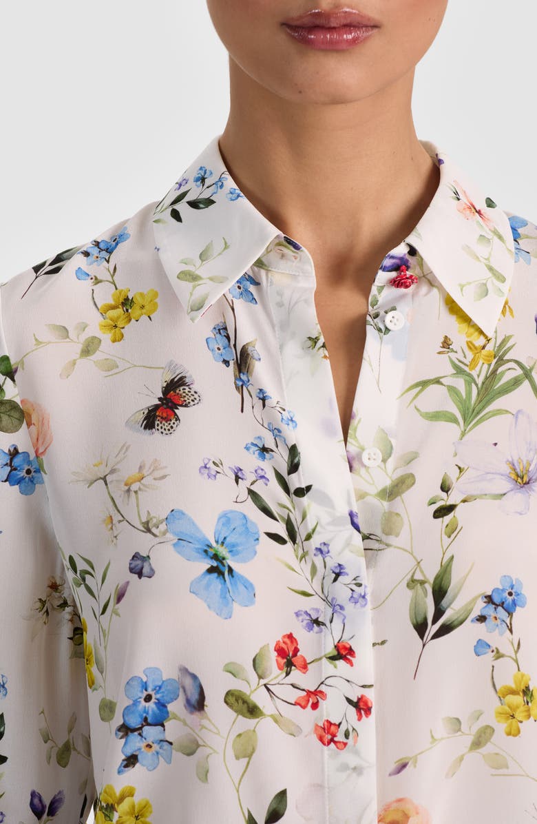 Alice + Olivia Willa Floral Silk Button-Up Shirt, Alternate, color, Twisting Vines Off White