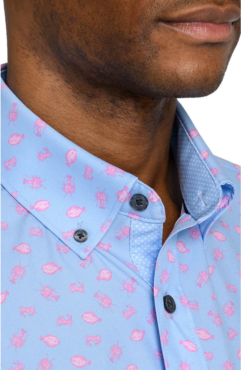 CONSTRUCT Slim Fit Crustaceans Woven Short Sleeve Basic Shirt, Alternate, color, Denim/Pink