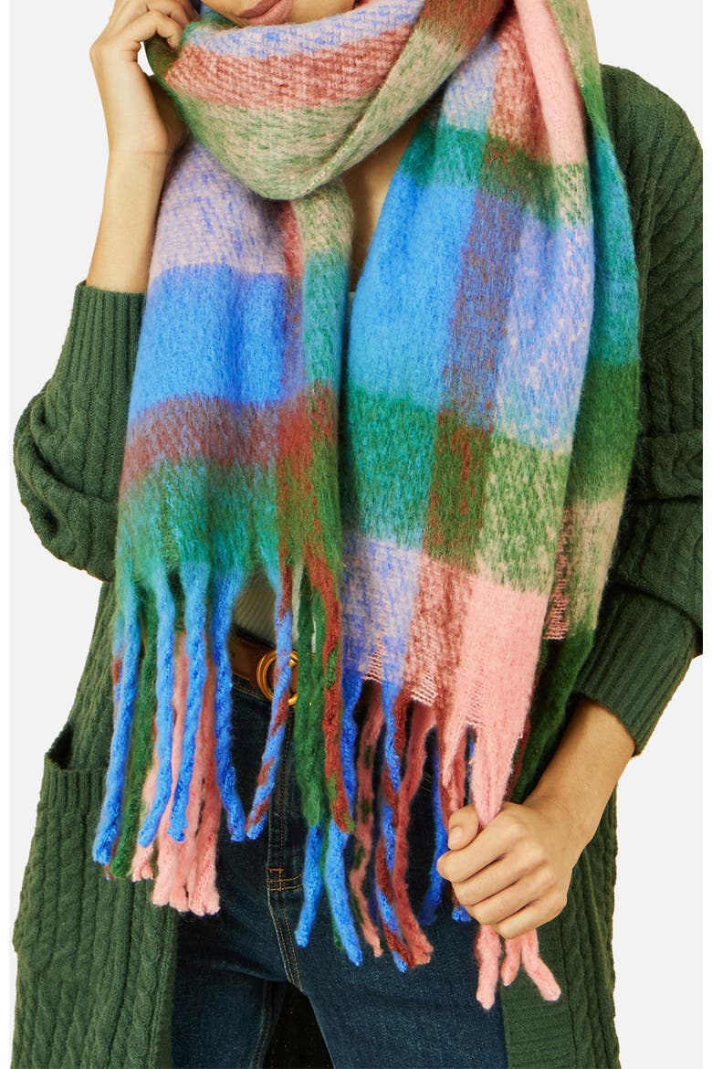 Oversize Fringe Checked Scarf, Alternate, color, Blue
