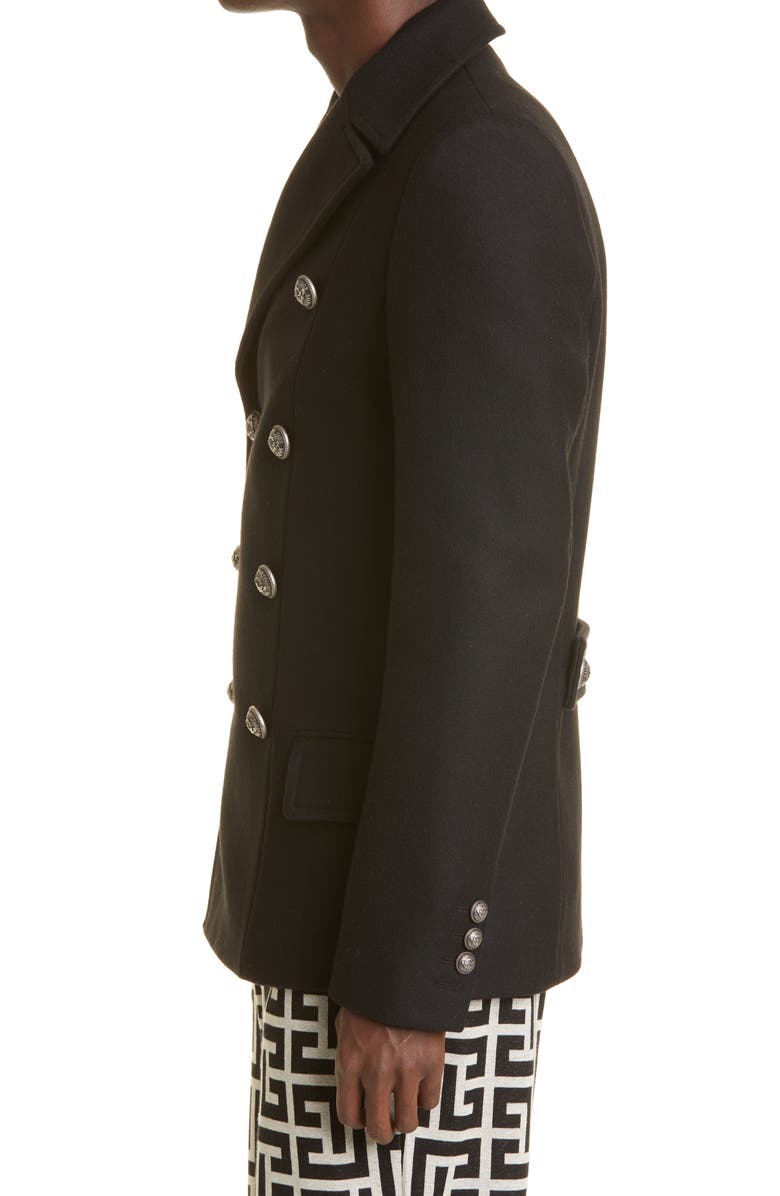 Balmain Double Breasted Wool Blend Peacoat, Alternate, color, 