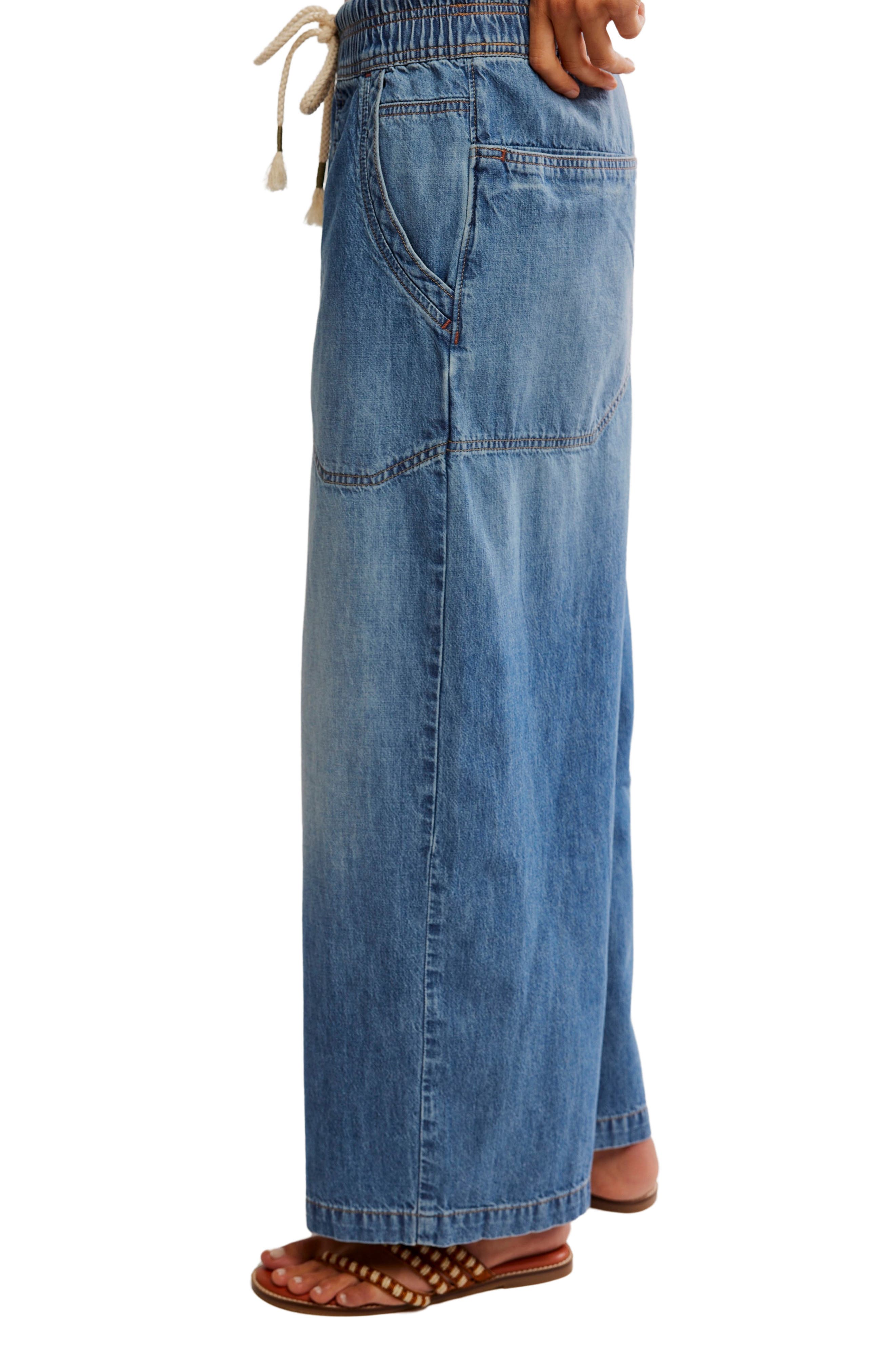 Denim Raw Hem Drawstring Wide Leg Pants
