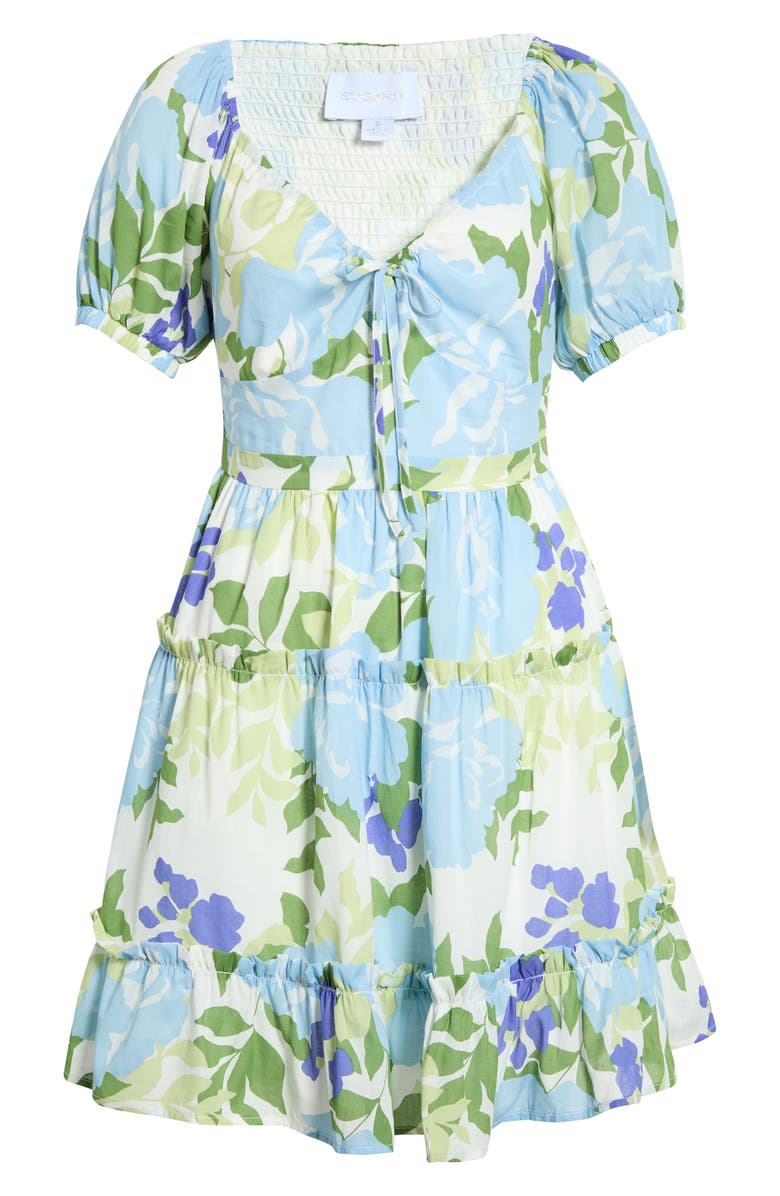 SUGARLIPS Muna Tiered Floral Khloey Cotton Dress, Main, color, Blue White Multi