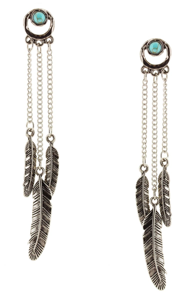 OLIVIA WELLES Feather Trio Drop Earrings, Main, color, Silver