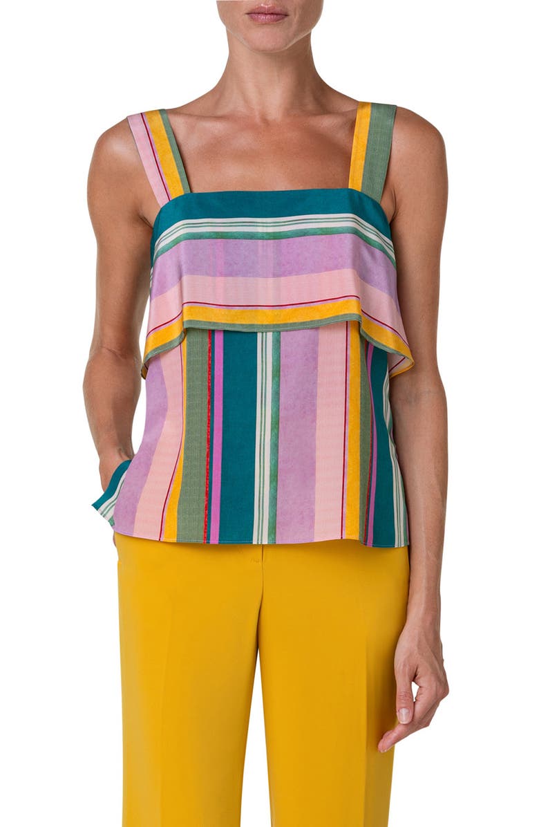 Akris punto Stripe Sleeveless Square Neck Silk Top, Main, color, 