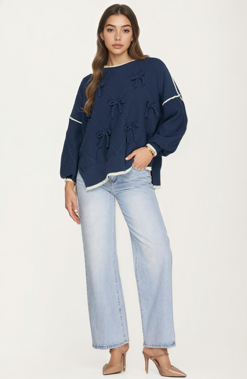 Knit and Lounge Bow Detail Knit Sweater with Contrast Trim in Navy Blue  product